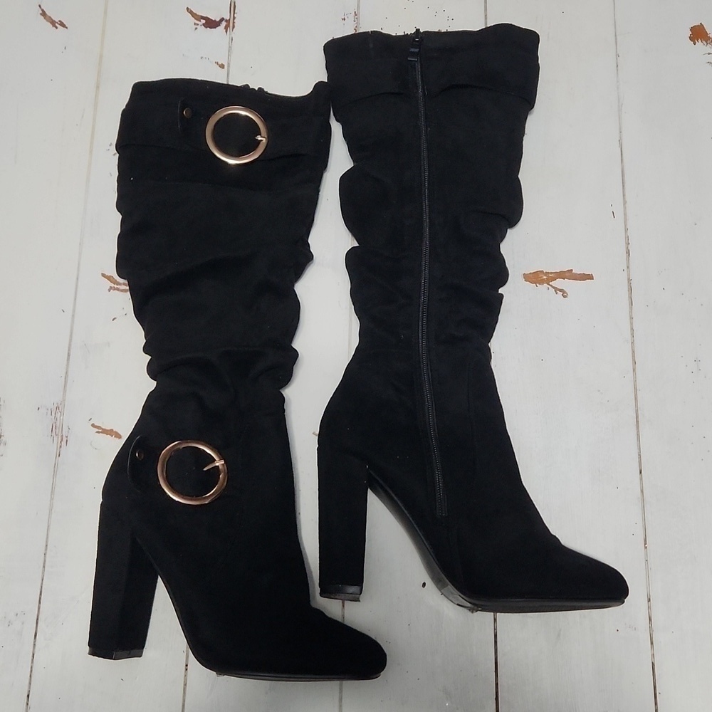 Black Heel Knee High Boots Size 7 Gold Statement Buckles So Soft